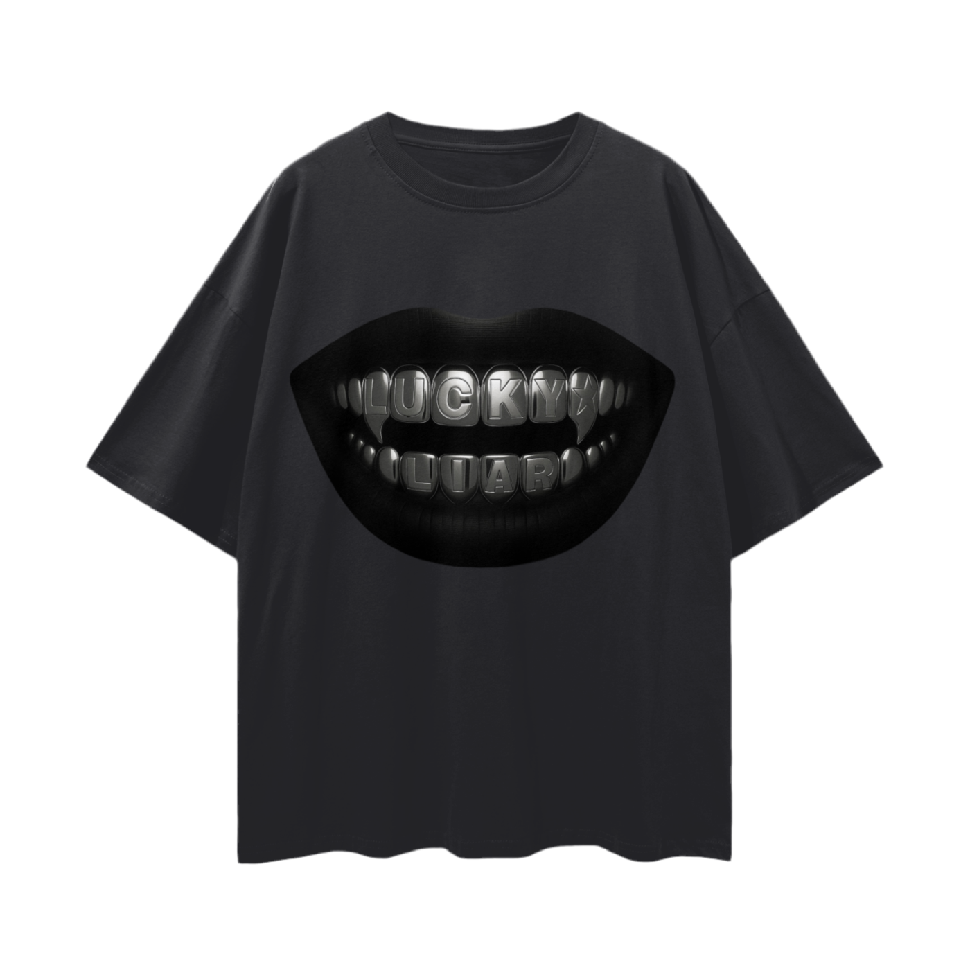 Lucky Liar Engraved Silver Grillz Oversize Deep Drop Shoulder Tee