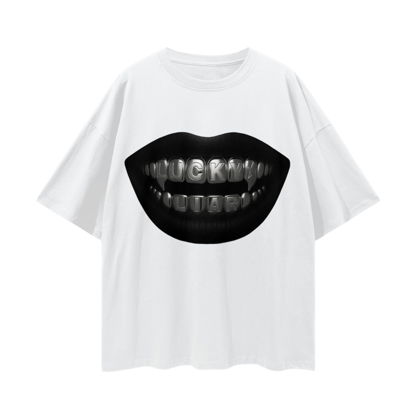 Lucky Liar Engraved Silver Grillz Oversize Deep Drop Shoulder Tee